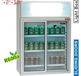 100 literes Diamond csúszó üvegajtós hűtőszekrény felső világító reklámpanellel - fehér