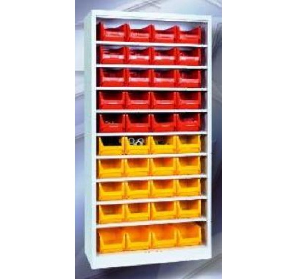 9 polcos nyitott alkatrésztároló szekrény (40 box)