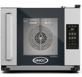 4 tálcás UNOX BAKERLUX SHOP.Pro ARIANNA MATIC MASTER elektromos légkeveréses sütő párásítással, digitális vezérléssel, balról jobbra nyíló ajtóval
