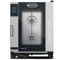 10 tálcás UNOX CHEFTOP Plus gázüzemű kombisütő digitális vezérléssel, balról jobbra nyíló ajtóval