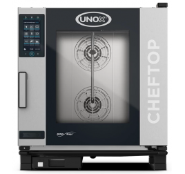 7 tálcás UNOX CHEFTOP Plus gázüzemű kombisütő digitális vezérléssel, balról jobbra nyíló ajtóval