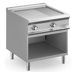 2 zónás MBM álló elektromos rostlap 2/3 sima, 1/3 bordázott öntöttvas sütőfelülettel, nyitott semleges tárolóval