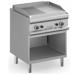 2 zónás MBM álló gázüzemű rostlap félig sima, félig bordázott öntöttvas sütőfelülettel, nyitott semleges tárolóval