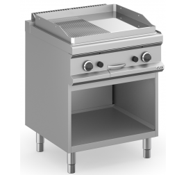 2 zónás MBM álló gázüzemű rostlap félig sima, félig bordázott krómozott sütőfelülettel, nyitott semleges tárolóval